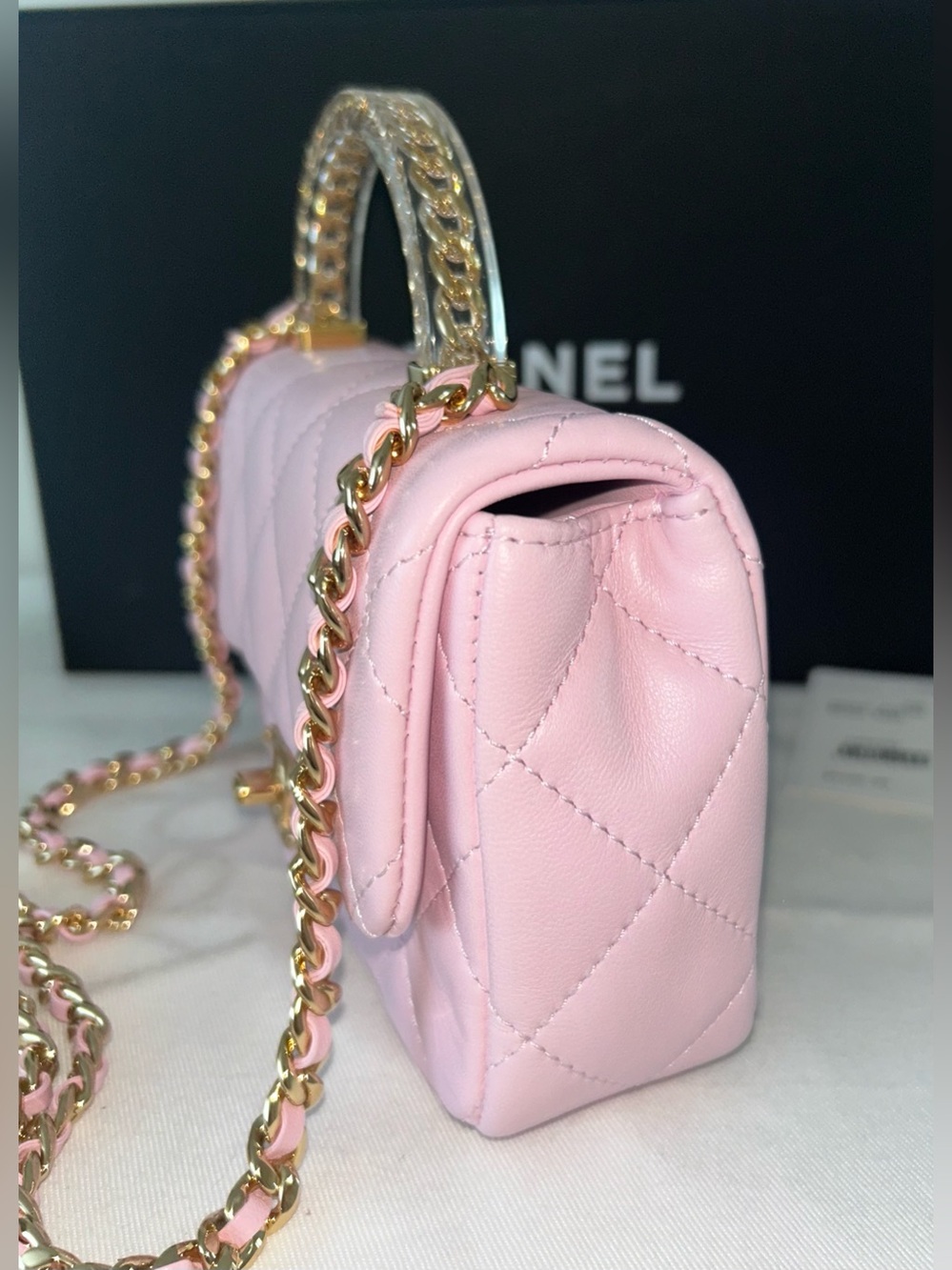 NEW! CHANEL 24S Mini Top Handle Flap Bag Quilted Lambskin Rose Light Pink - Picture 10 of 16